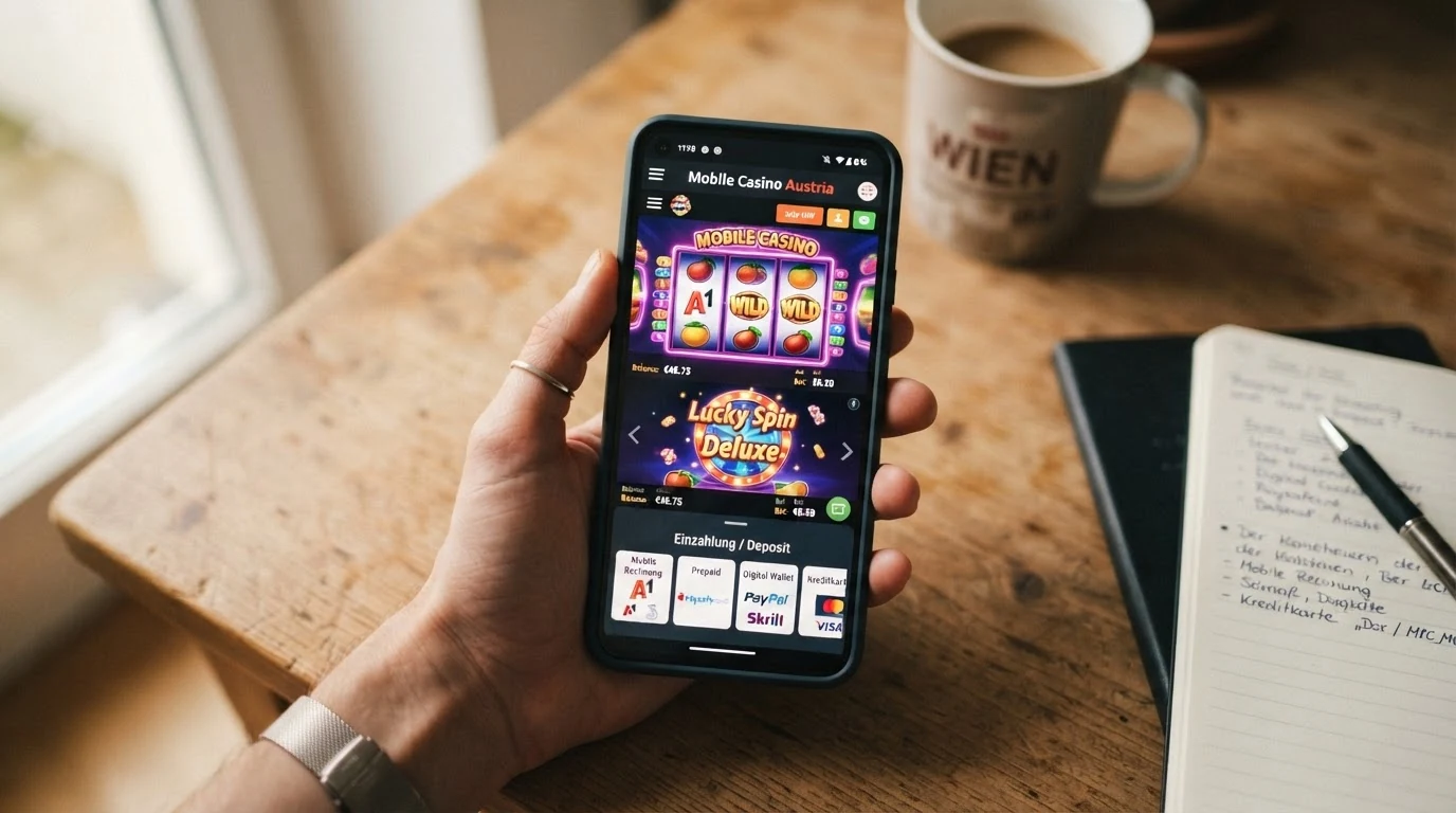 Ein Smartphone mit geöffneter Casino-App und darunter angeordneten Zahlungssymbolen für Handy-Guthaben, Apple Pay und Google Pay