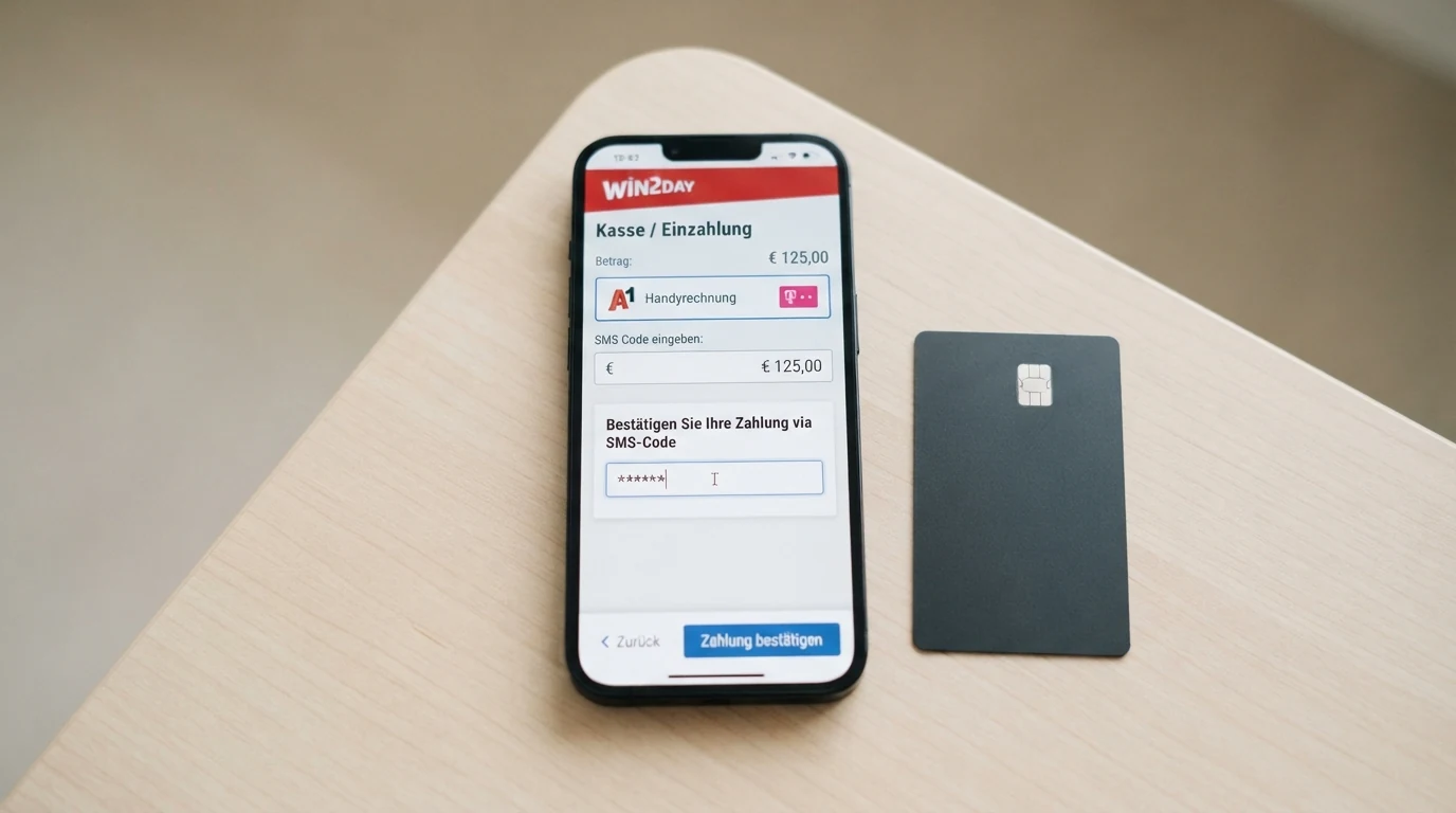 Das Display eines Smartphones zeigt den Einzahlungsbereich eines Online Casinos mit der ausgewählten Option „Handyrechnung“, einem eingegebenen Betrag und dem Hinweis auf eine SMS-Bestätigung.