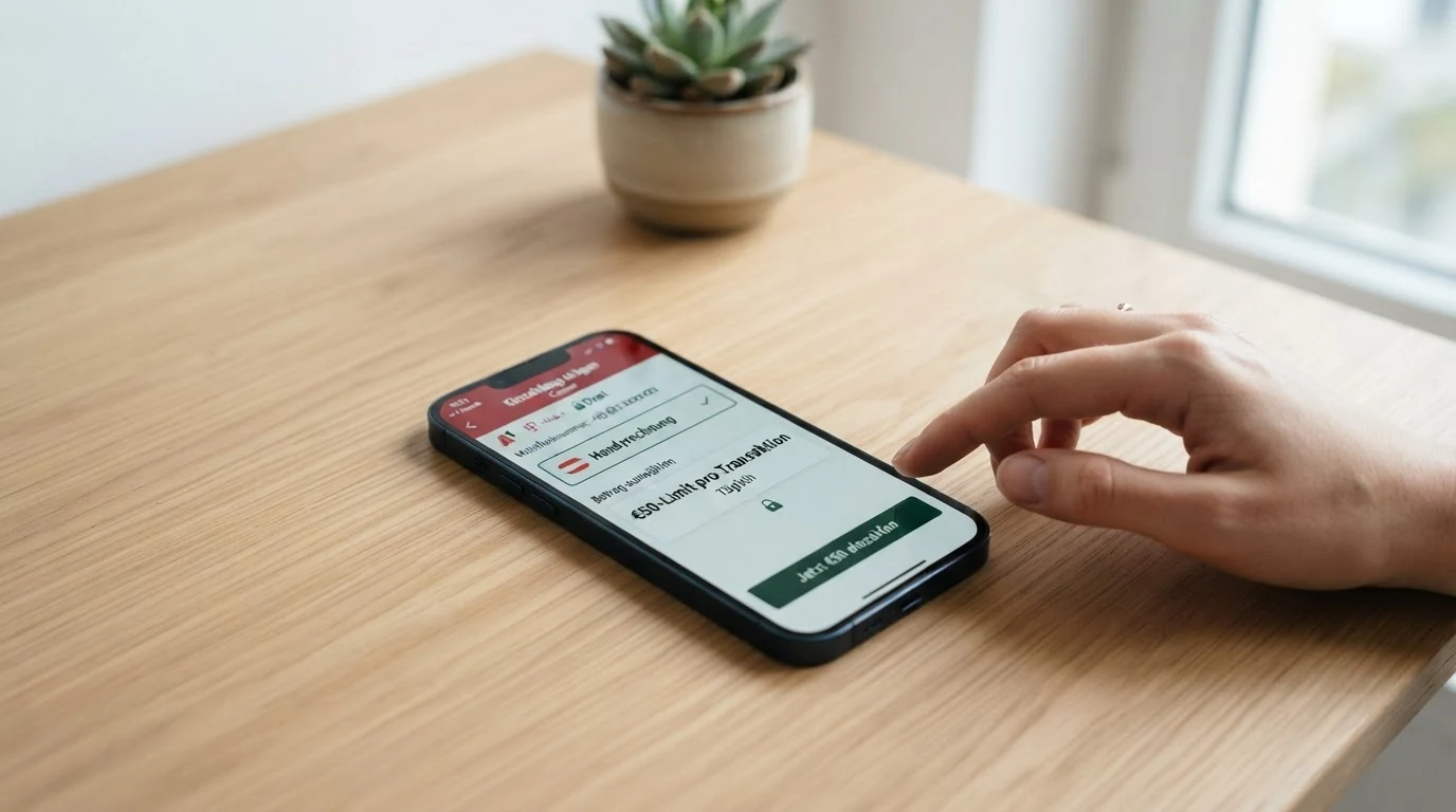 Smartphone mit geöffnetem Einzahlungsdialog und Mobilfunkrechnung, Betragsfeld mit €50-Limit-Anzeige