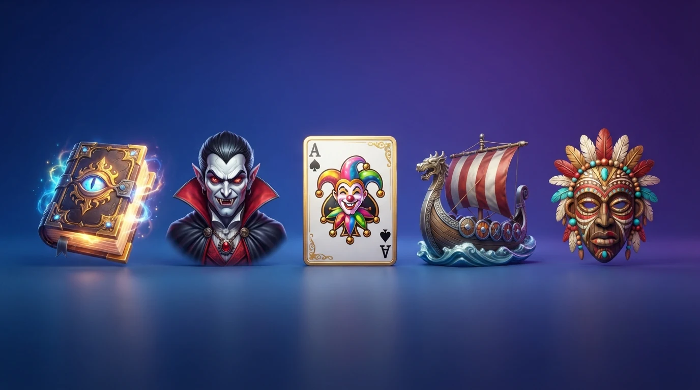 Fünf Spielautomaten-Symbole in einer Reihe — jedes repräsentiert einen der vorgestellten High-RTP-Slots: ein Buch, ein Vampir, ein Joker, ein Wikingerschiff und eine Stammesmaske