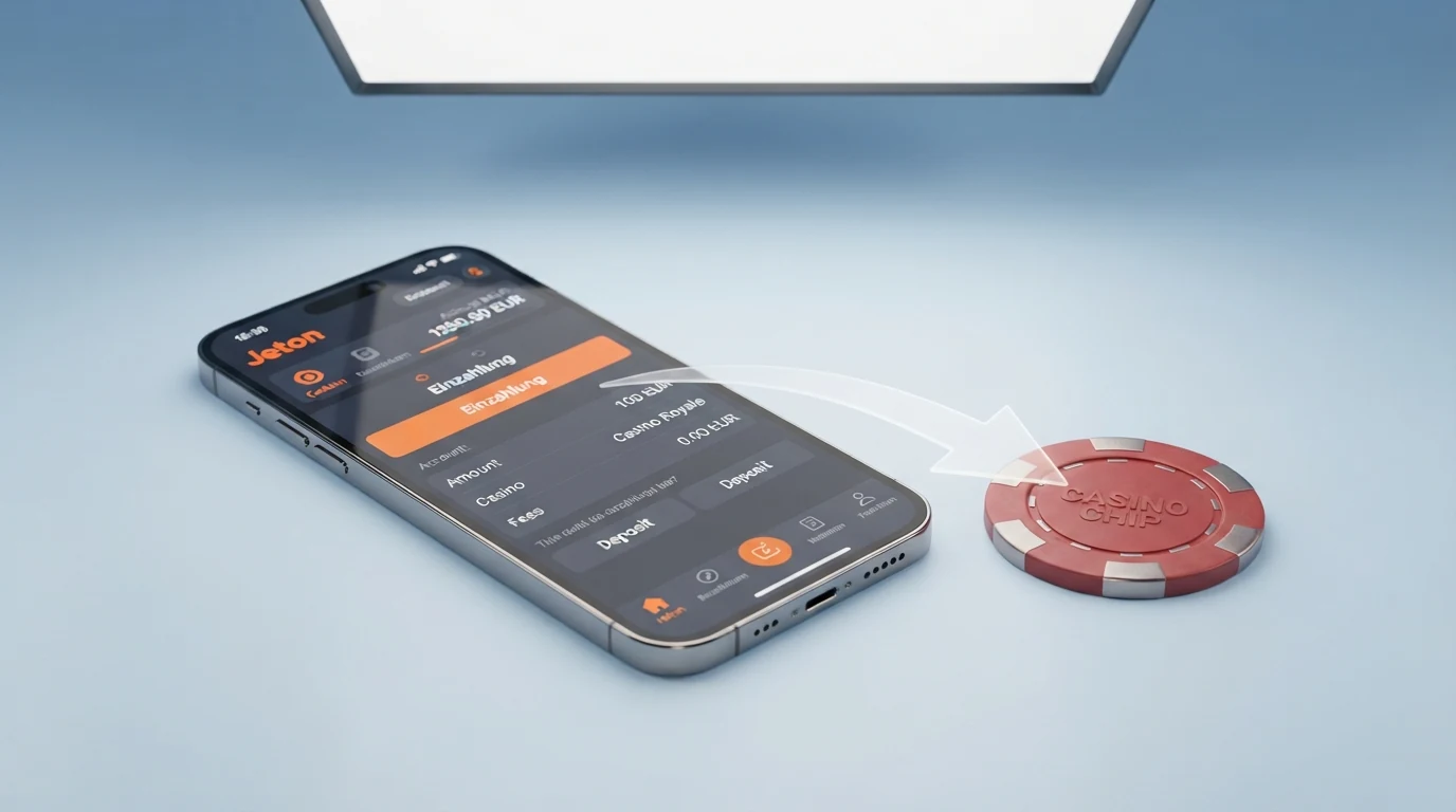 Schema: Jeton-Konto → Online-Casino-Kasse → Spielguthaben, mit Zeitangaben für jeden Schritt (Echtzeit)