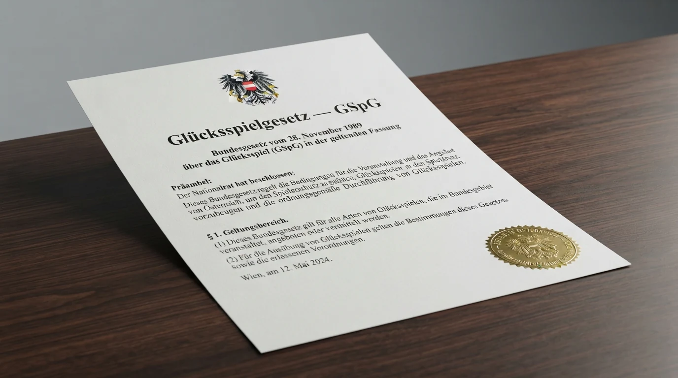 Offizielles Dokument mit österreichischem Bundeswappen und dem Titel „Glücksspielgesetz — GSpG“ auf einem Schreibtisch