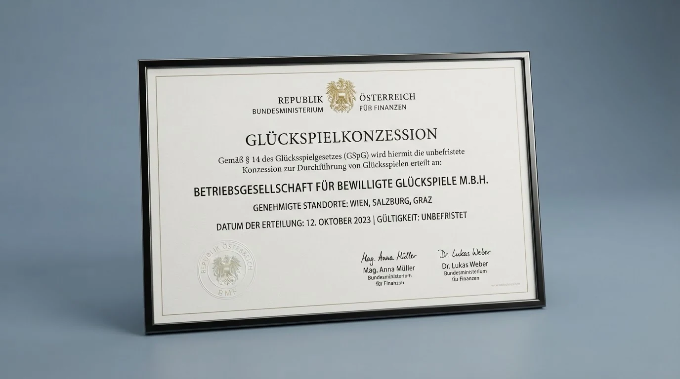 Offizielles Dokument oder Siegel mit Schriftzug Bundesministerium für Finanzen und dem Hinweis Glücksspielkonzession