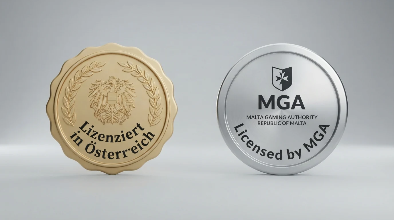 Eine Gegenüberstellung: AT-Konzessionssiegel des BMF auf der einen, EU-Lizenzen (MGA) auf der anderen Seite — visualisiert als Dokumente oder Siegel