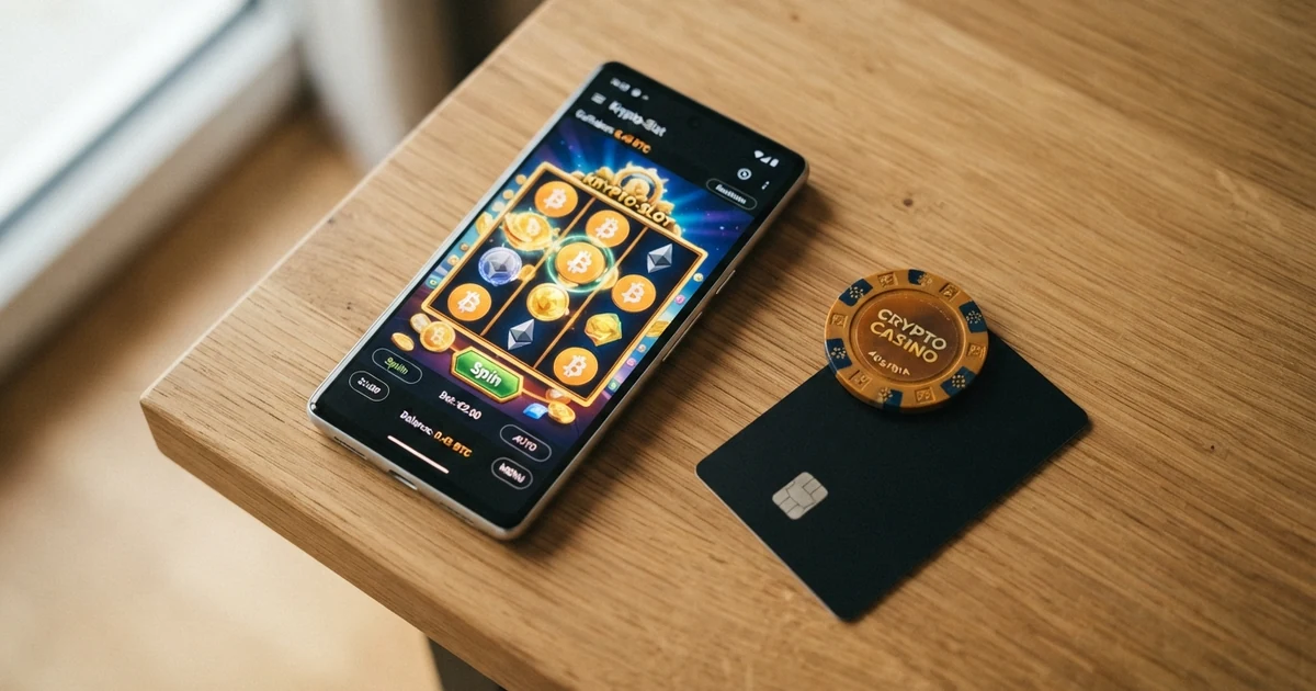 Smartphone mit geöffneter Krypto-Casino-Vergleichsseite neben Bitcoin-Münzen und einer Kreditkarte