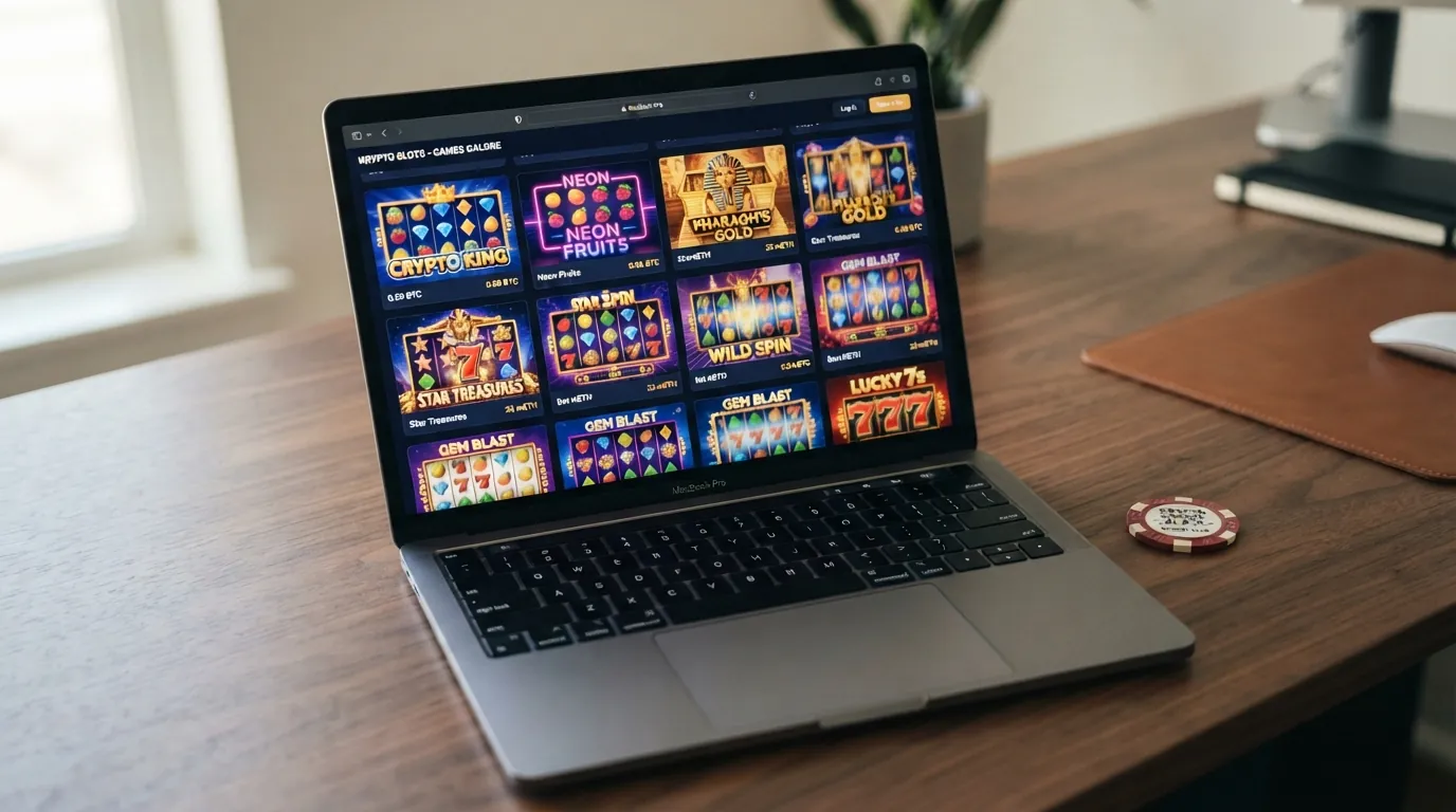 Laptop-Bildschirm mit mehreren Slot-Spielfenstern, darunter Book of Dead und Gates of Olympus