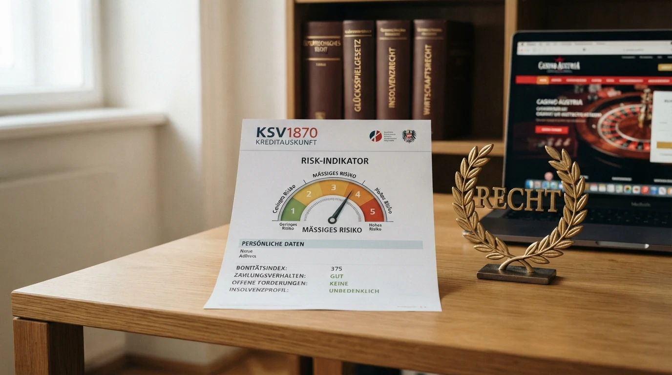 Eine stilisierte KSV1870-Bonitätsauskunft mit RiskIndicator-Skala, daneben das Symbol der österreichischen Justiz
