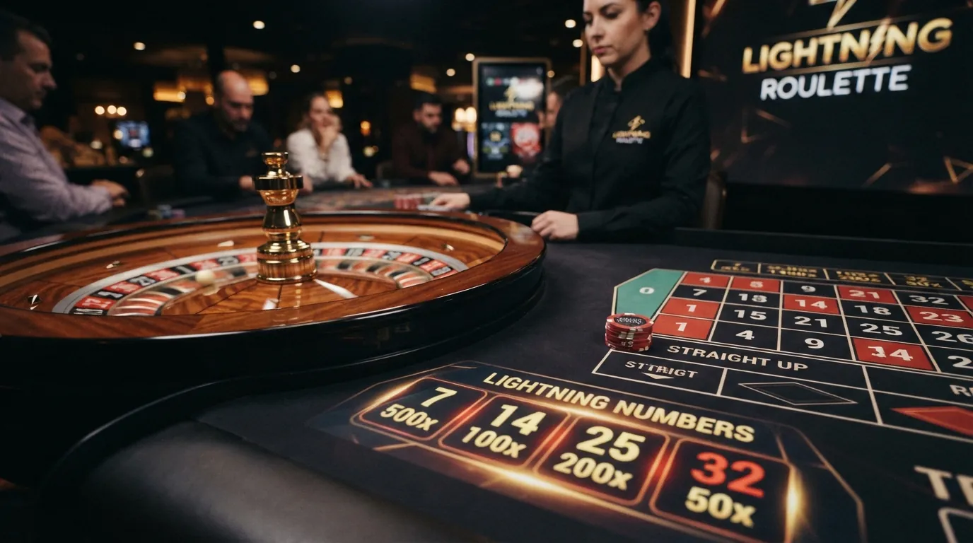 Nahaufnahme eines Live-Roulette-Tischs mit eingeblendeten Lightning-Multiplikatoren auf dem Bildschirm