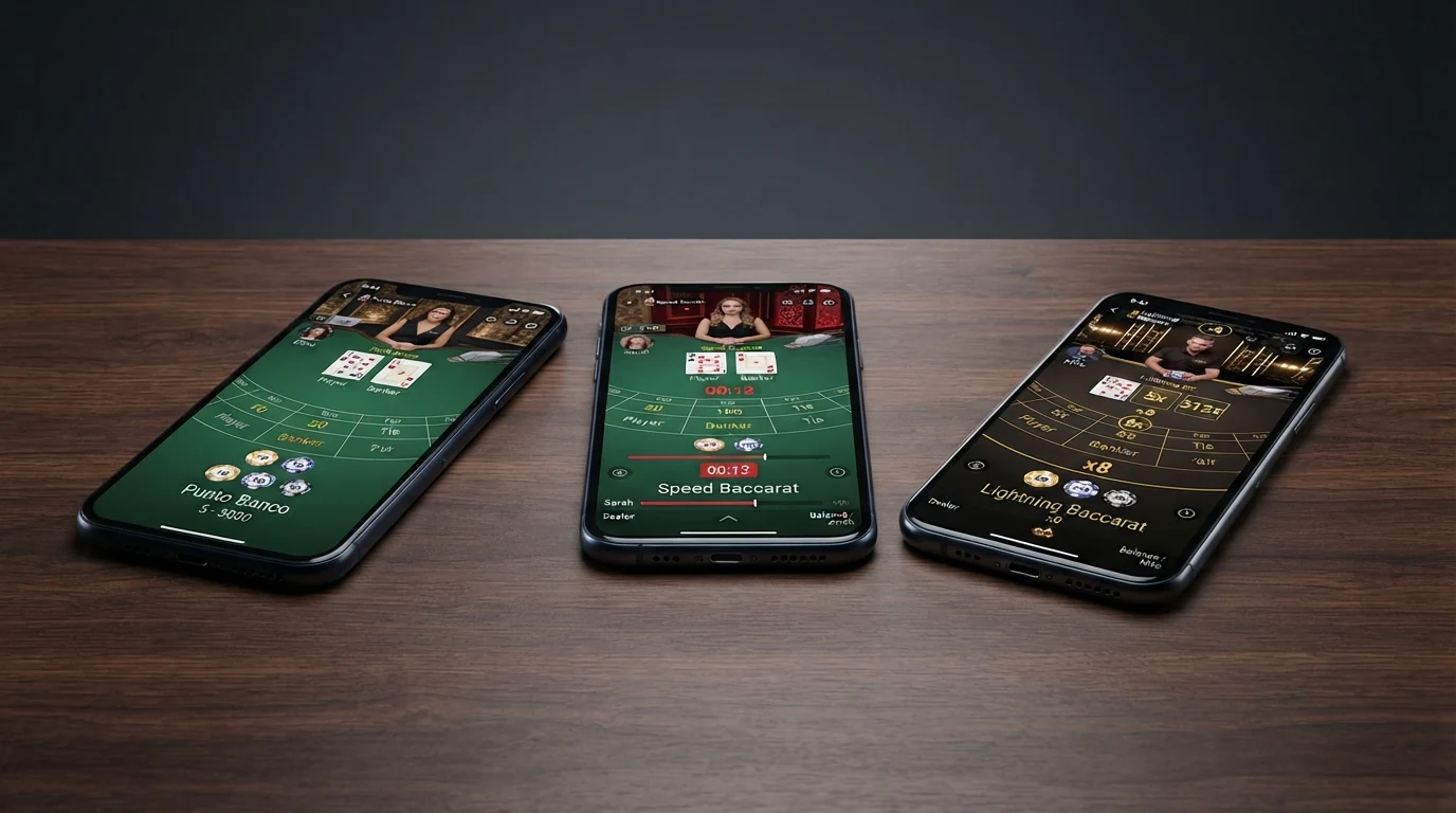 Drei nebeneinanderliegende Bildschirmansichten verschiedener Live-Baccarat-Tische: ein Standard-Punto-Banco-Tisch, ein Speed-Baccarat-Tisch mit verkürzter Einsatzphase und ein Lightning-Baccarat-Tisch mit eingeblendeten Multiplikatoren.