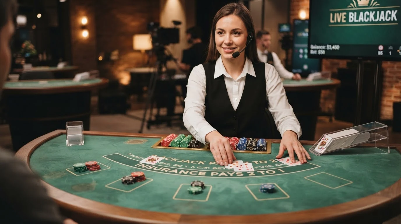 Nahaufnahme eines Live-Blackjack-Tisches mit Croupier vor einem Bildschirm mit Spieloberfläche und Karten
