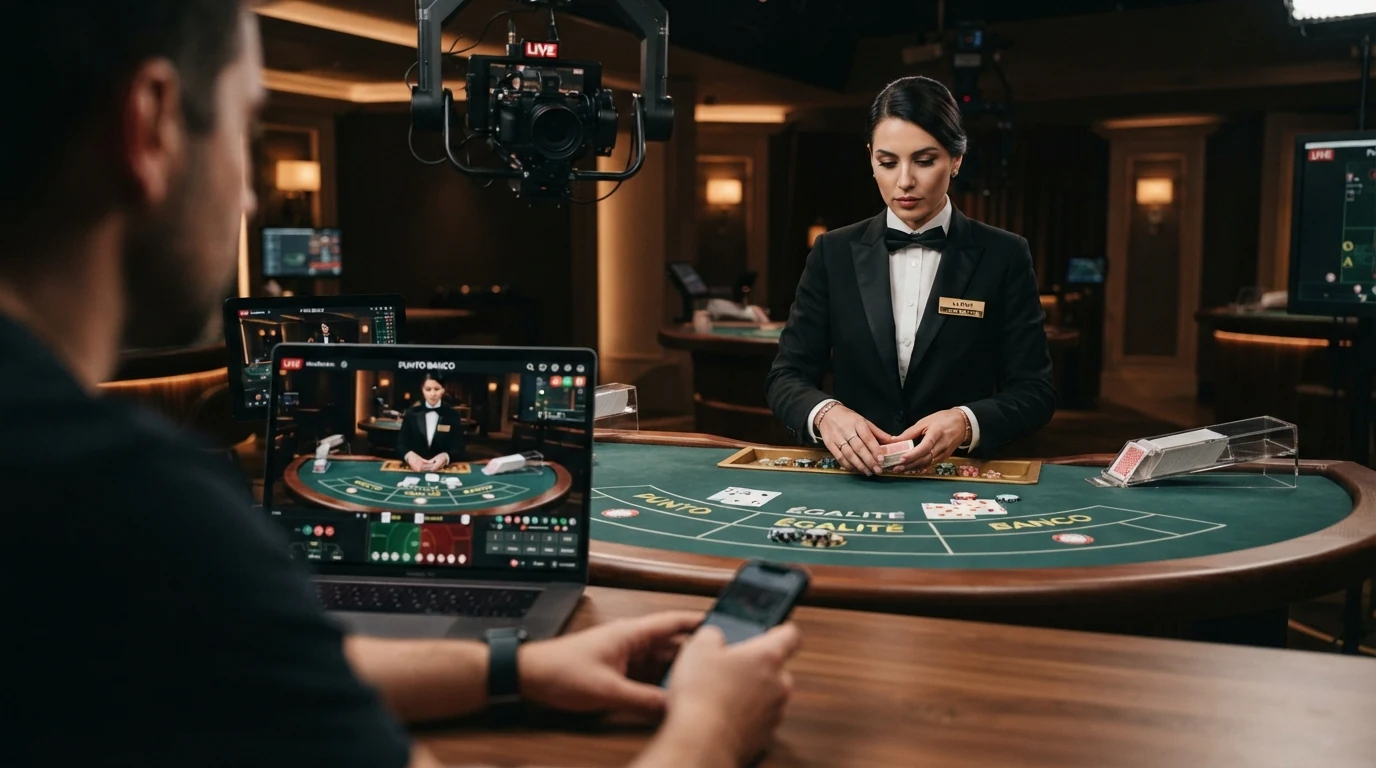 Ein Live-Dealer an einem Punto-Banco-Tisch im Studio, der Karten aus einem Kartenschlitten zieht, mit Spielfeld und Wett-Timer im Bild