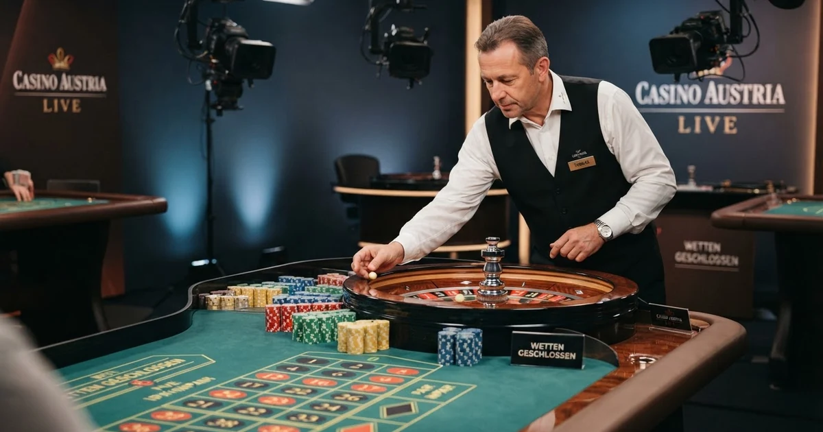 Deutschsprachiger Croupier an einem Live-Roulette-Tisch, HD-Kameras im Studio-Hintergrund