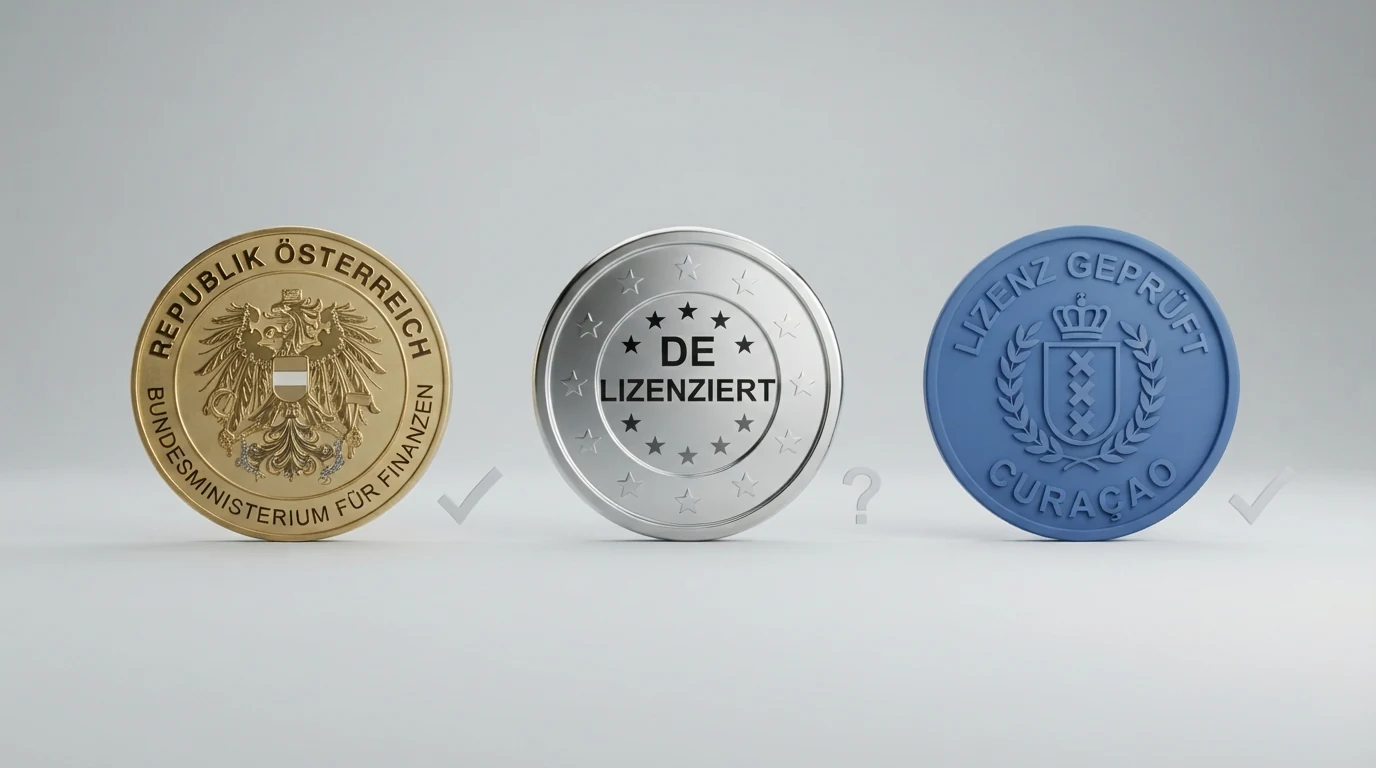 Drei nebeneinanderliegende Lizenz-Siegel: das österreichische Wappen (für win2day), ein EU-Lizenz-Symbol und ein Curaçao-Siegel, jeweils mit Häkchen oder Fragezeichen versehen