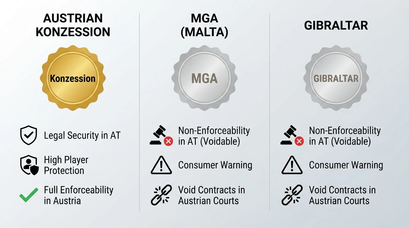 Eine Infografik mit drei Spalten: Österreichische Konzession, MGA-Lizenz, Gibraltar-Lizenz — darunter Symbole für Rechtssicherheit, Spielerschutz und Rückforderungsanspruch
