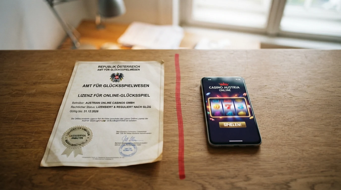 Offizielles Dokument mit BMF-Siegel und Stempel neben einem Smartphone mit Casino-Website, getrennt durch eine rote Linie