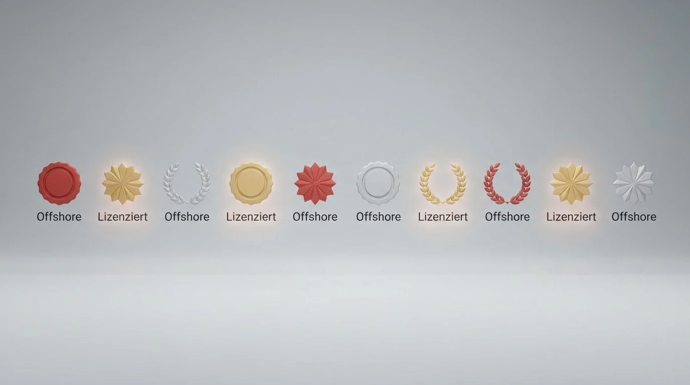 Zehn Casino-Logos in einer Vergleichsübersicht, ein Logo als lizenziert hervorgehoben, neun als Offshore markiert
