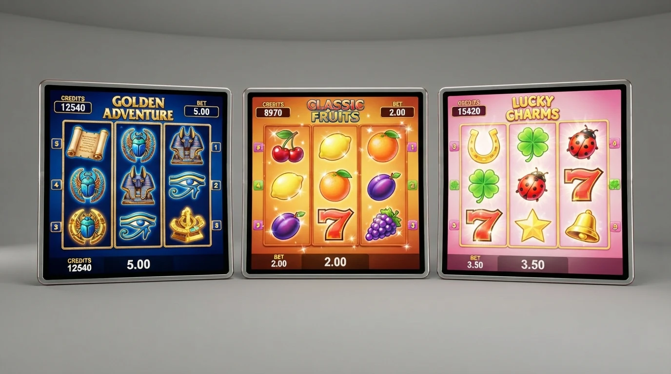 Die Walzen der Slots Book of Ra, Sizzling Hot und Lucky Lady's Charm nebeneinander auf einem Bildschirm mit farbigen Gewinnsymbolen