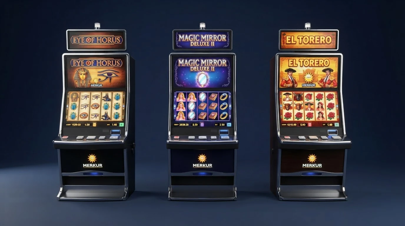 Drei Merkur-Slot-Titel (Eye of Horus, Magic Mirror Deluxe II, El Torero) nebeneinander mit ihren jeweiligen Walzen-Designs und Symbolen