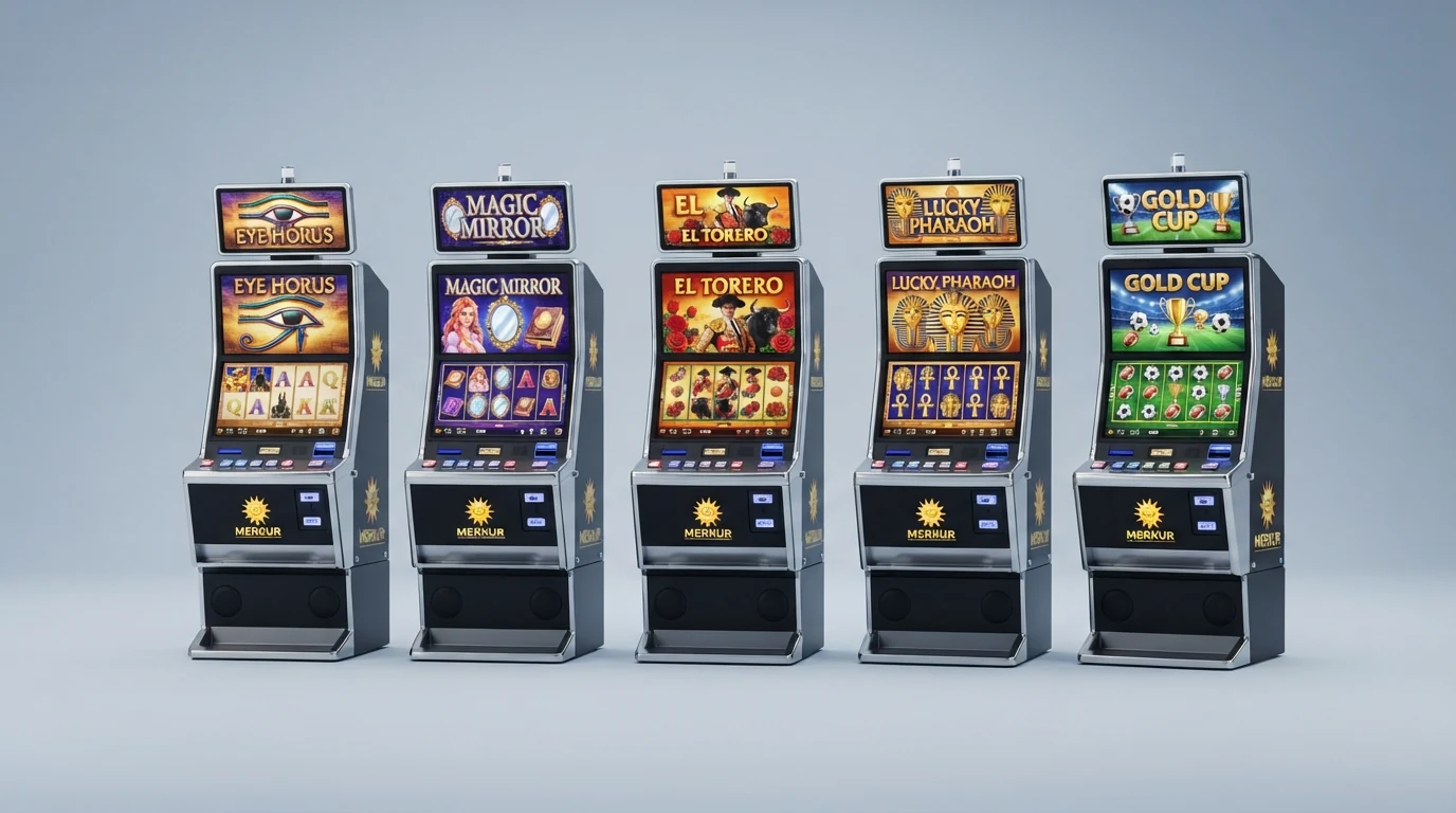 Fünf Merkur-Slots nebeneinander auf einem Bildschirm: Eye of Horus, Magic Mirror, El Torero, Lucky Pharaoh und Gold Cup