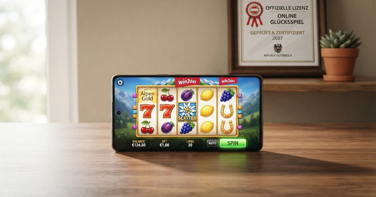 Die Startseite von win2day mit sichtbarem Hinweis auf die österreichische Glücksspielkonzession nach § 14 GSpG
