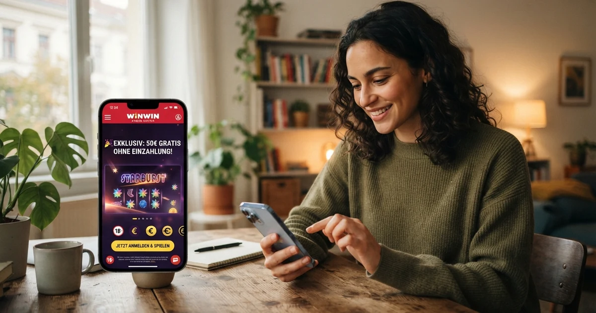 Bildschirm mit der Startseite eines neuen Online-Casinos, Bonus-Werbung und Spielvorschau im modernen Design