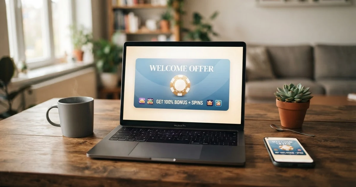 Ein geöffneter Laptop zeigt eine Online-Casino-Startseite mit einem Willkommensbonus-Banner, daneben liegt ein Smartphone mit einer Casino-App