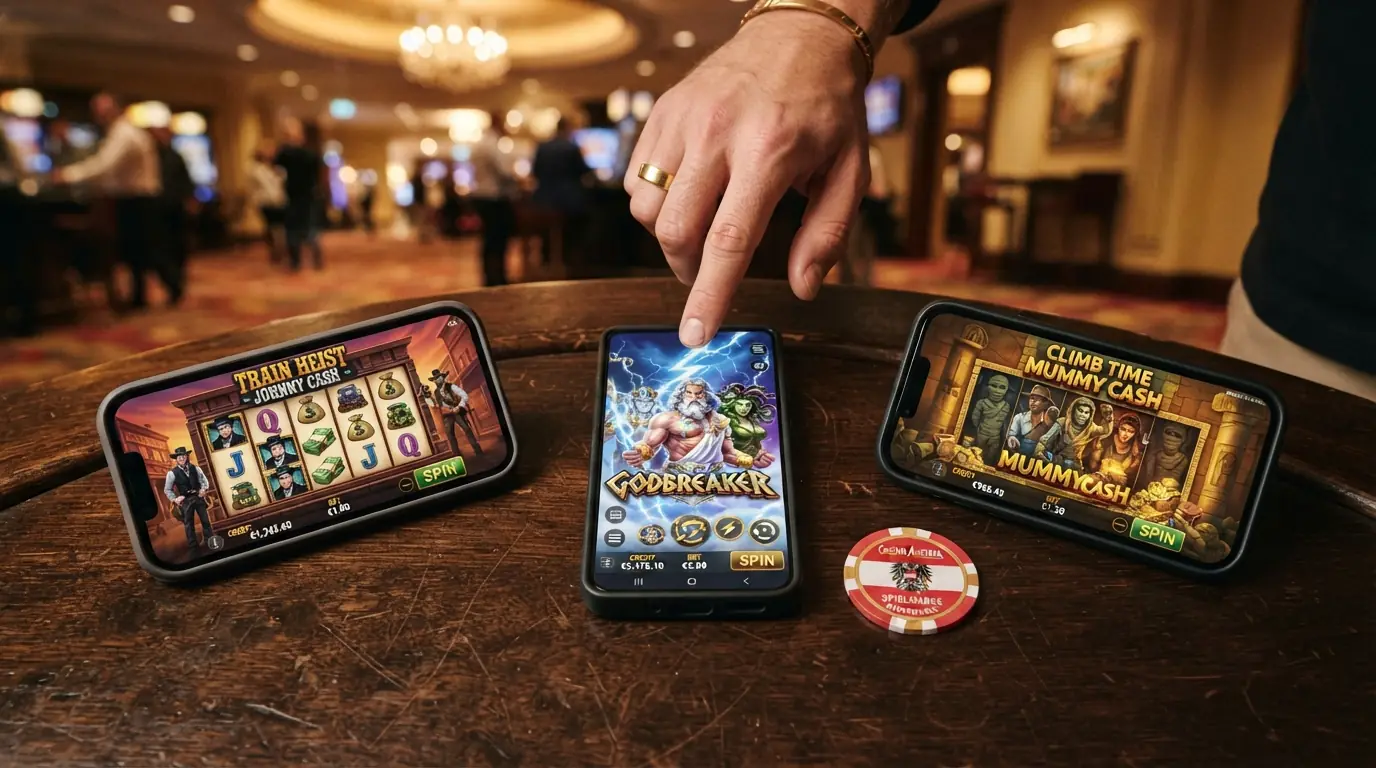 Drei Spielautomaten-Bildschirme zeigen Train Heist Johnny Cash, Godbreaker und Climb Time Mummy Cash nebeneinander