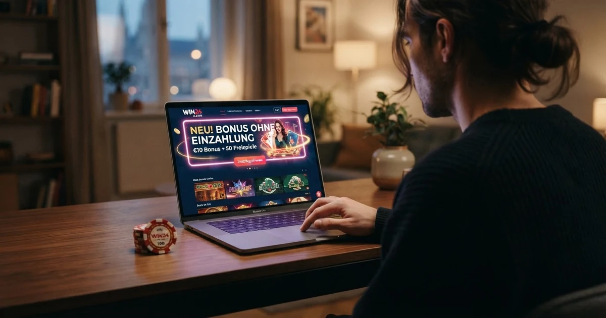 Eine Übersichtsseite eines neuen Online Casinos mit Spielauswahl, Bonus-Werbung und Registrierungsbutton auf einem Computerbildschirm