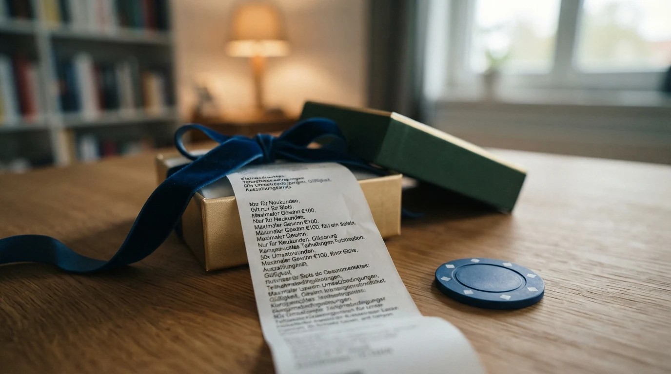Ein als Geschenk verpackter Würfel, von dem sich eine Schleife löst und ein Kleingedrucktes-Schriftband zum Vorschein kommt