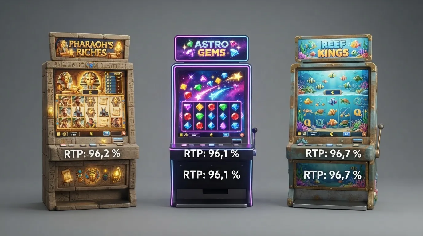 Drei Spielautomaten — Book of Dead, Starburst und Big Bass Bonanza — auf einem Bildschirm mit hervorgehobenen RTP-Werten