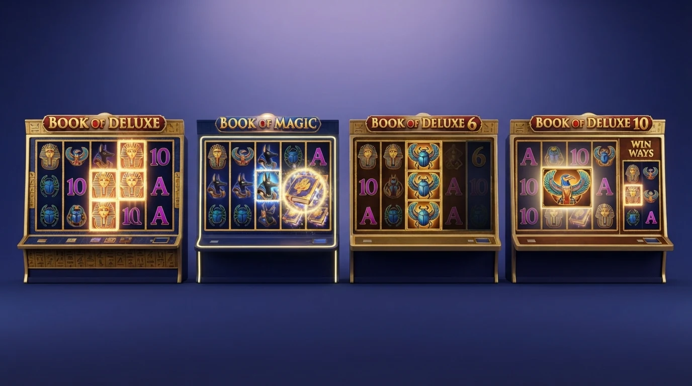 Die vier Book of Ra Varianten Deluxe, Magic, Deluxe 6 und Deluxe 10 Win Ways nebeneinander auf Casino-Bildschirmen