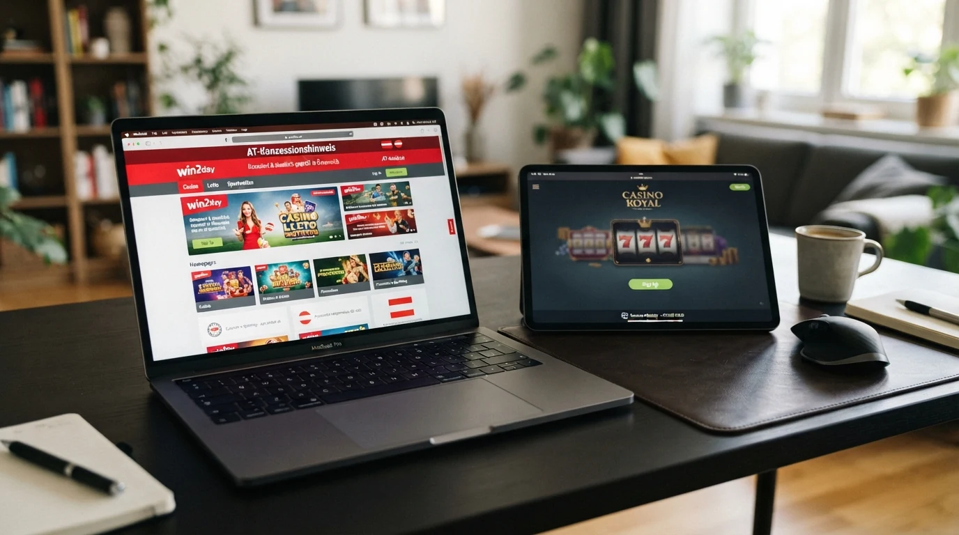 Gegenüberstellung: win2day-Startseite mit AT-Konzessionshinweis und Offshore-Casino-Startseite mit Curaçao-Lizenzangabe