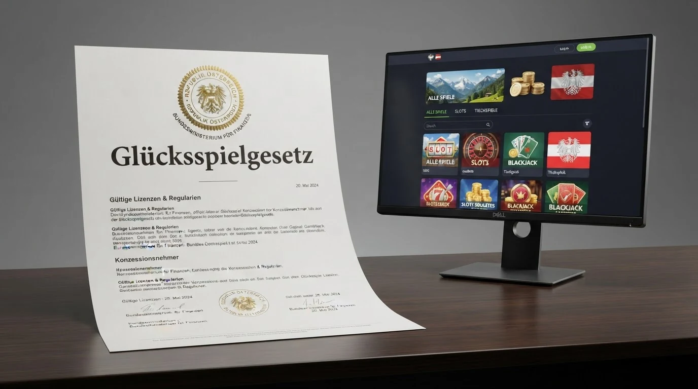 Ein offizielles Dokument mit der Überschrift Glücksspielgesetz liegt auf einem Schreibtisch, daneben das Logo des österreichischen Bundesministeriums für Finanzen und ein Bildschirm mit der win2day-Startseite.