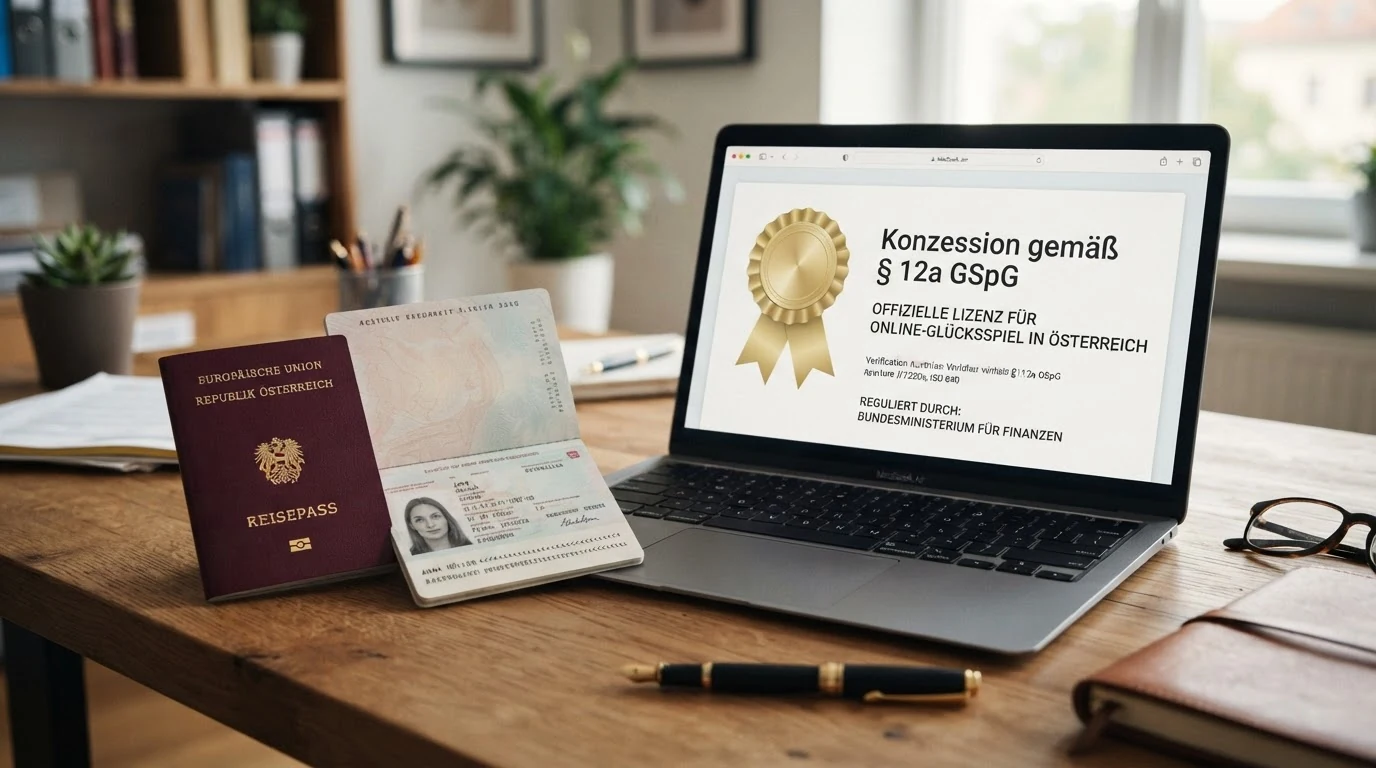 Nahaufnahme eines österreichischen Reisepasses neben einem Bildschirm mit dem win2day-Logo und dem Schriftzug „Konzession gemäß § 12a GSpG“