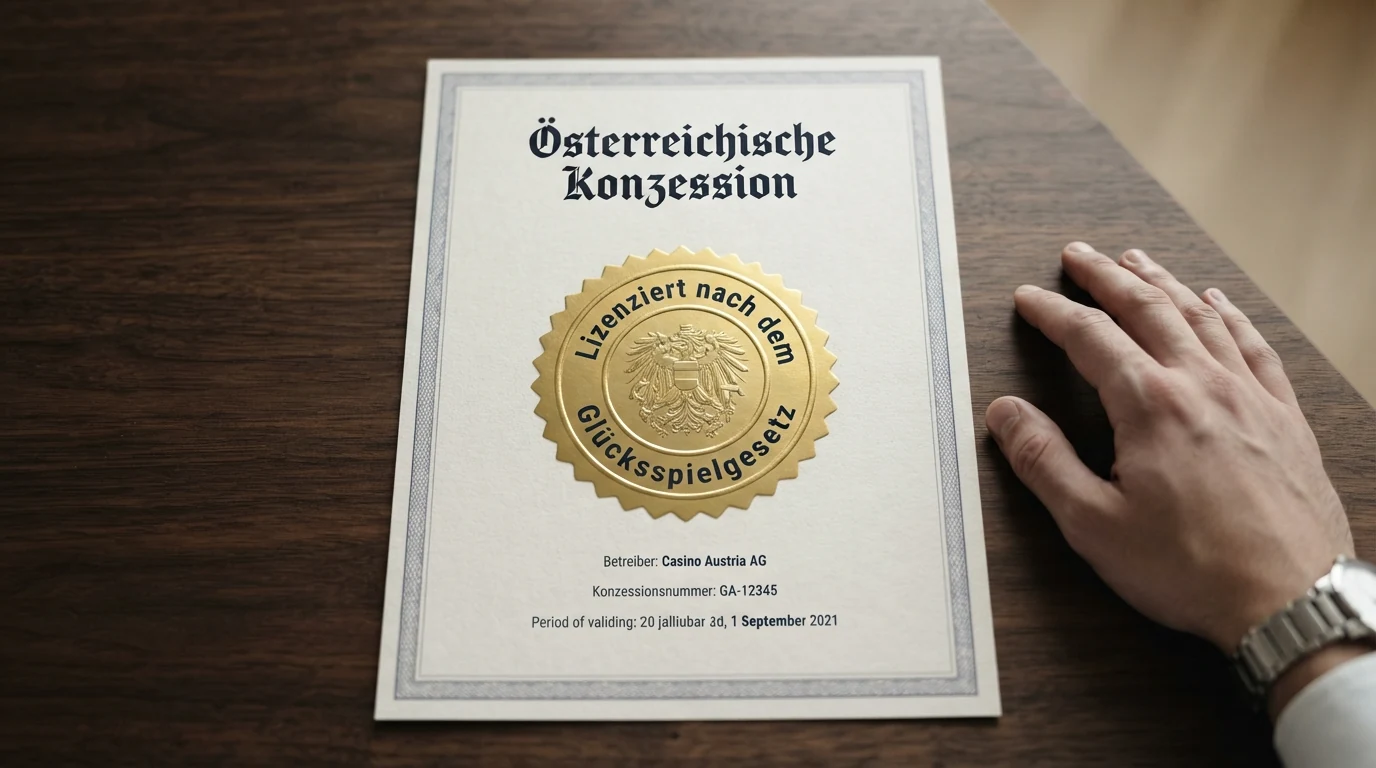 Ein offiziell wirkendes Dokument mit dem Schriftzug „Glücksspielgesetz“ und dem österreichischen Bundesadler auf einem Schreibtisch