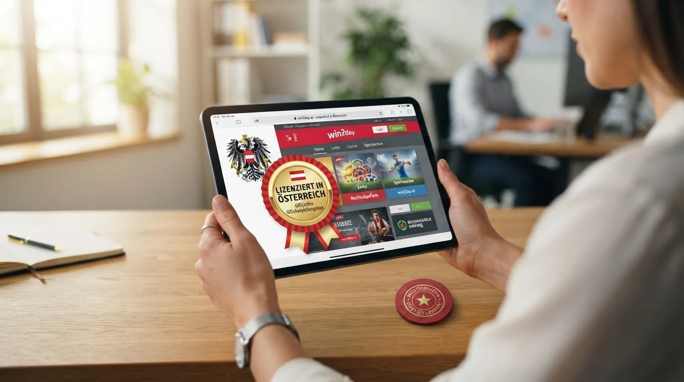 Screenshot der offiziellen win2day-Startseite mit Hinweis auf die Konzession der Österreichischen Lotterien GmbH und das österreichische Glücksspielgesetz