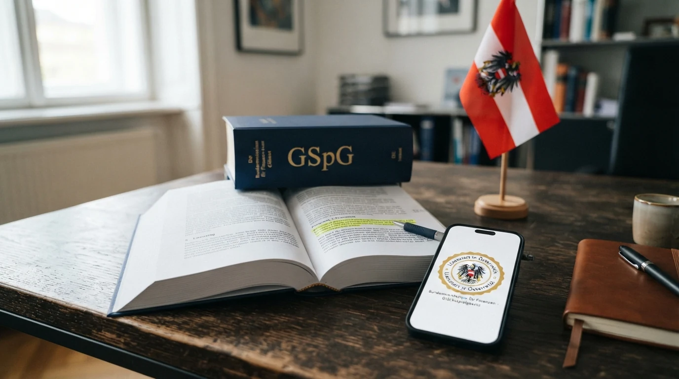 Eine österreichische Flagge neben einem aufgeschlagenen Gesetzbuch mit dem Titel „GSpG“ – im Hintergrund ein Bildschirm mit dem win2day-Logo