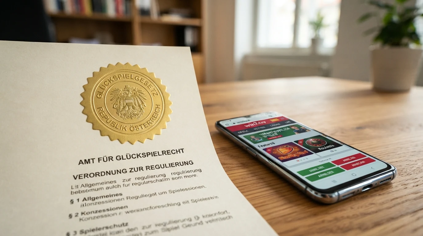 Ein offiziell wirkendes Dokument mit Siegel und dem Schriftzug „Glücksspielgesetz" neben einem Smartphone, das die win2day-Startseite zeigt