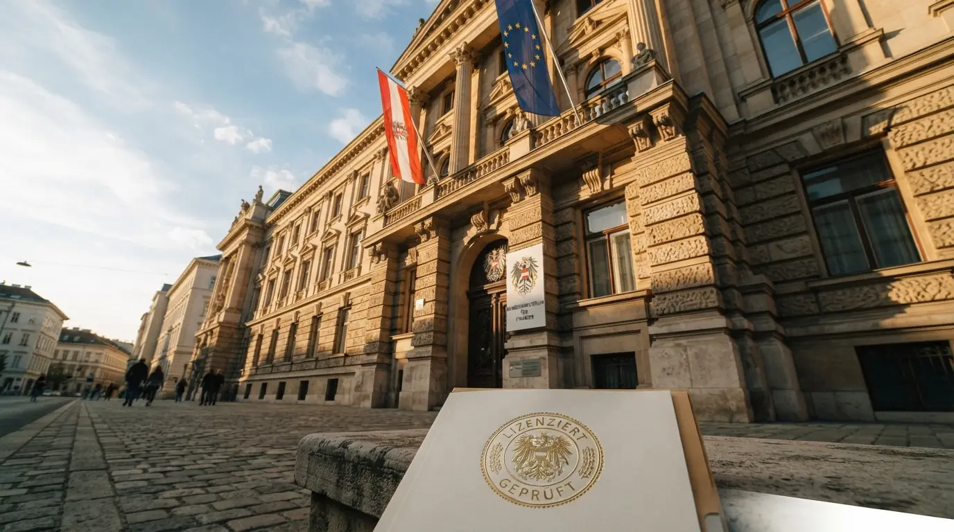 Das offizielle Gebäude des Bundesministeriums für Finanzen in Wien mit Österreich-Flagge und EU-Flagge im Vordergrund