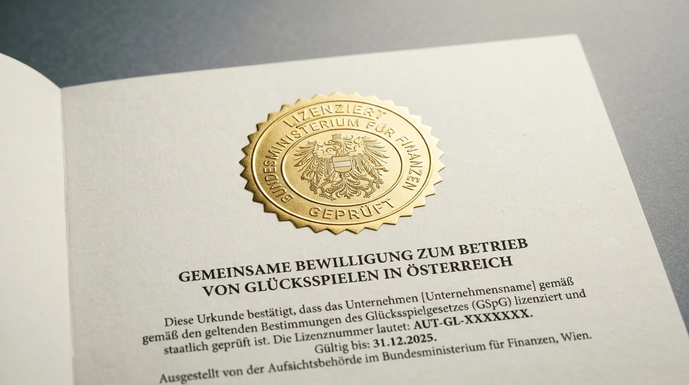 Offiziell anmutendes Dokument mit Hinweis auf das Glücksspielgesetz und das Bundesministerium für Finanzen, daneben ein Monitor mit geöffneter Gratis-Slot-Seite