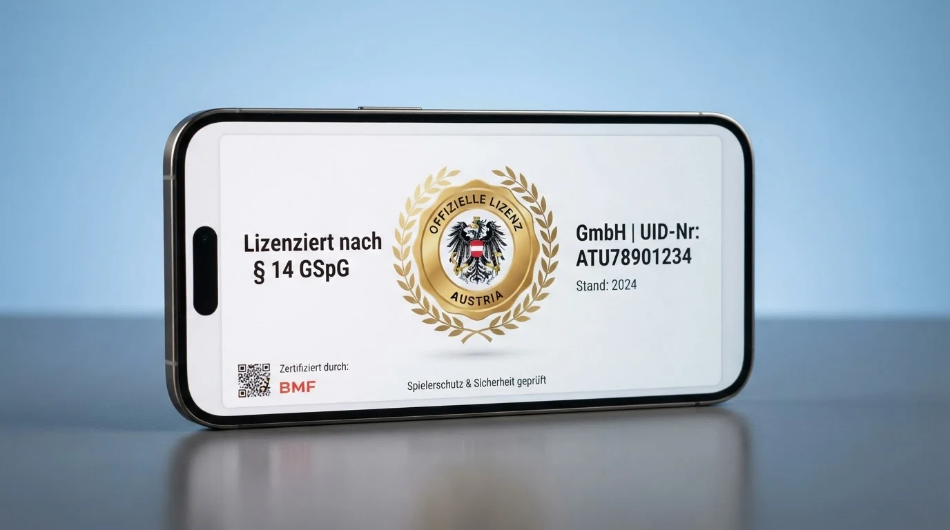 Österreich-Flagge und Paragraph-Symbol auf Smartphone-Bildschirm neben Konzessionsurkunde