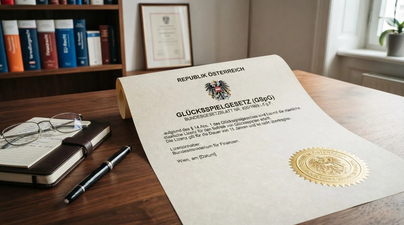 Offizielles Dokument mit österreichischem Bundesadler, Überschrift „Glücksspielgesetz“ und dem BMF-Siegel