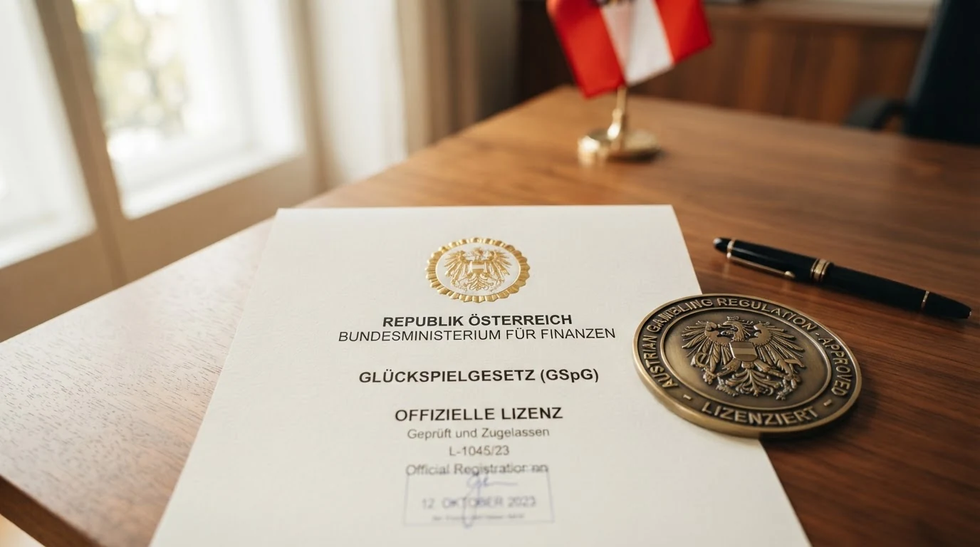 Offizielles Dokument und Siegel zur Glücksspielkonzession in Österreich, daneben das BMF-Logo
