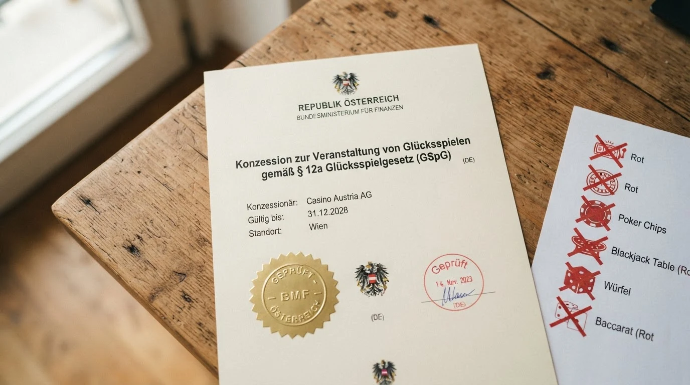 Offizielle Lizenzurkunde mit österreichischem Bundesadler und dem Schriftzug „Konzession nach § 12a GSpG“, daneben ein Sperrschild mit „Nicht lizenziert“ auf einer Liste internationaler Casino-Logos