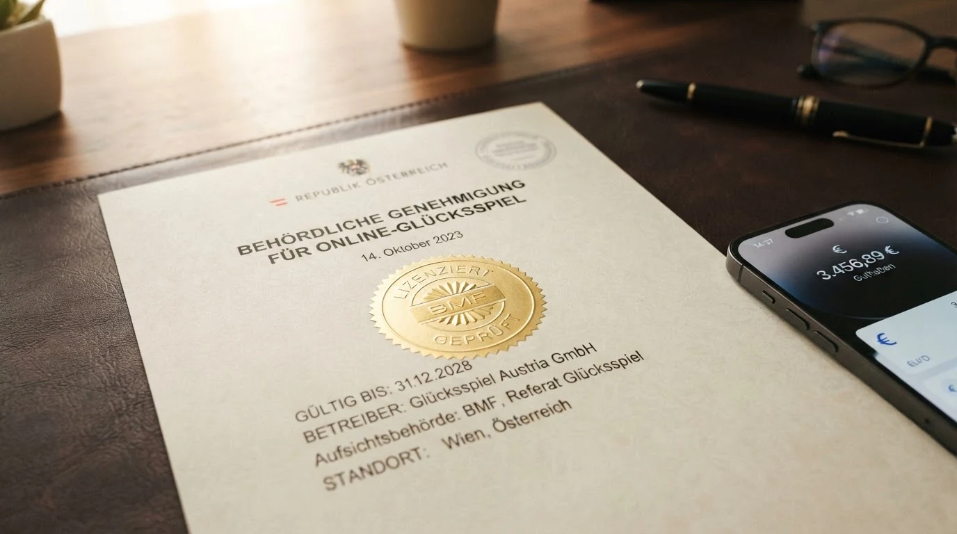 Nahaufnahme eines amtlichen Dokuments mit Siegel – im Hintergrund die Silhouette des Wiener Bundesministeriums für Finanzen, das die Glücksspielkonzessionen vergibt