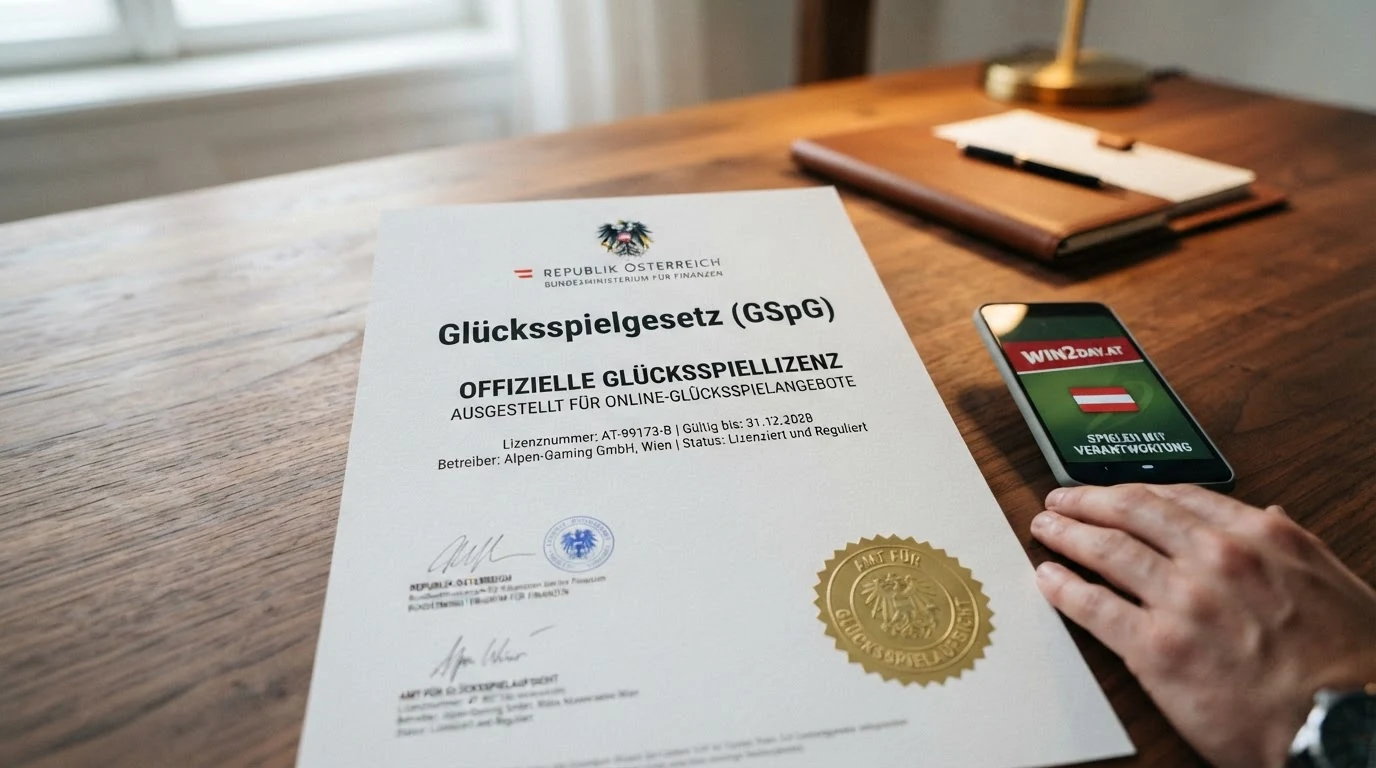 Offizielles Dokument mit österreichischem Wappen und dem Titel Glücksspielgesetz auf einem Schreibtisch