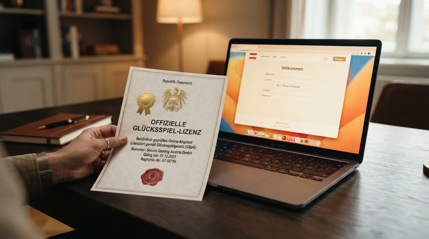 Nahaufnahme eines österreichischen Amtssiegels neben einem geöffneten Laptop mit Casino-Startseite