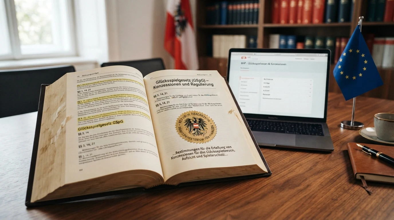 Ein österreichisches Gesetzbuch mit eingelegtem Paragrafenzeichen, daneben eine EU-Flagge und das BMF-Logo auf einem Bildschirm