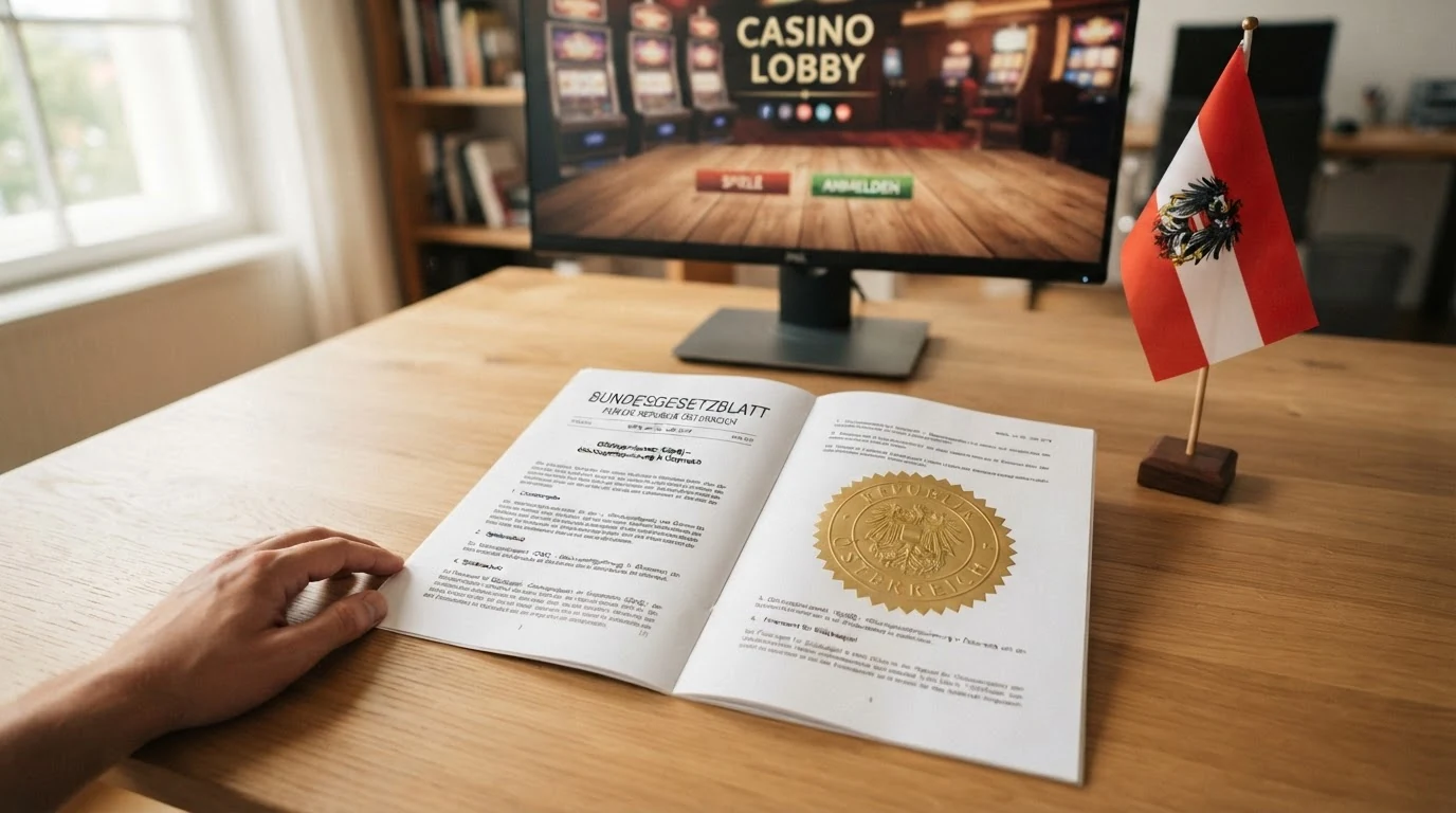 Eine österreichische Flagge neben einem offiziell aussehenden Dokument mit Siegel, im Hintergrund ein Bildschirm mit Casino-Oberfläche