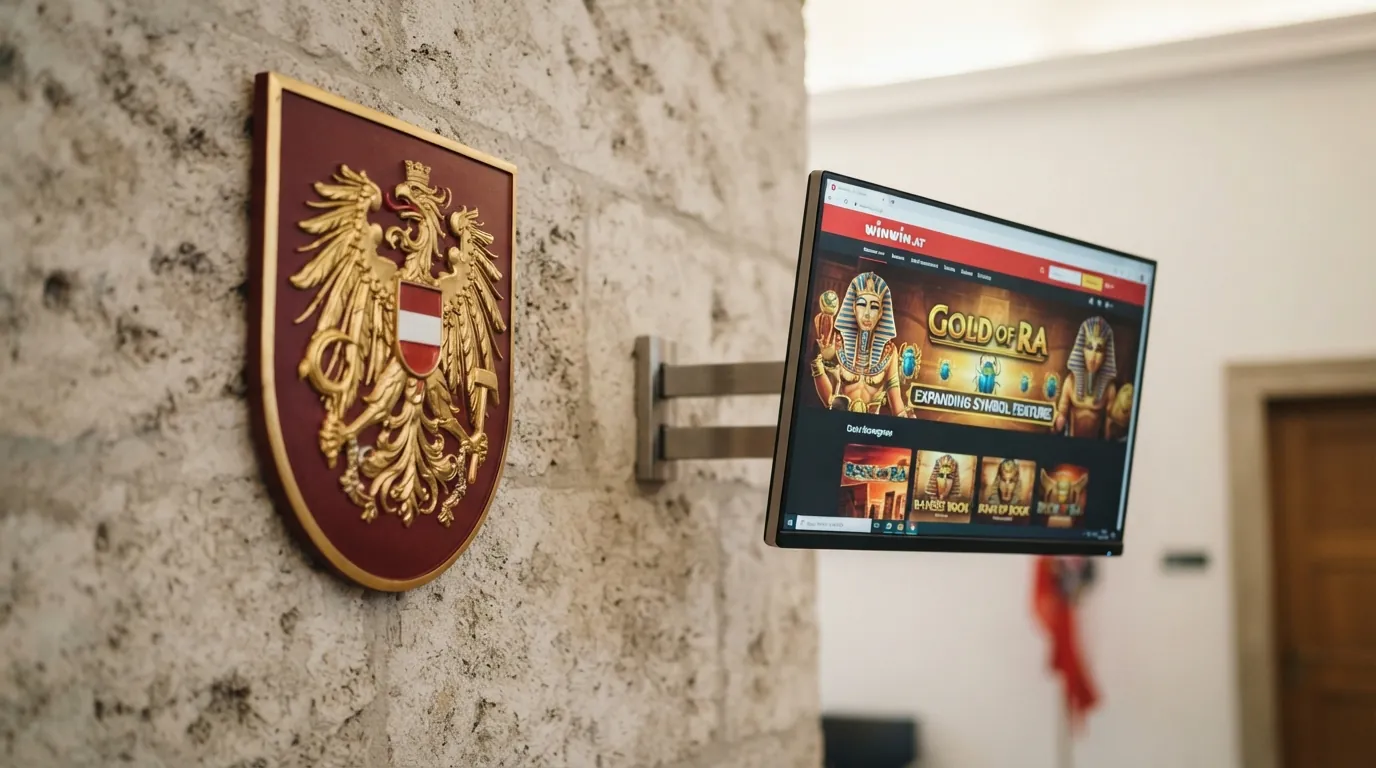 Das österreichische Bundeswappen oder das Logo der Österreichischen Lotterien neben einem Bildschirm mit win2day-Startseite